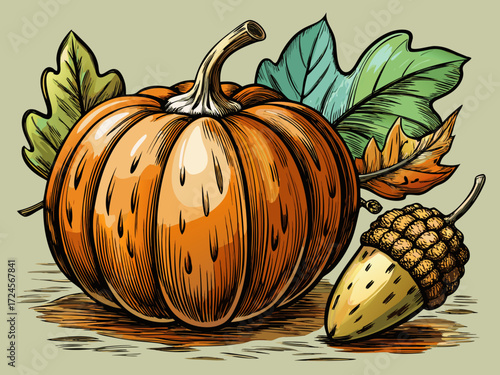 Rustic hand-sketched vector illustration of a pumpkin and acorn for autumn harvest designs