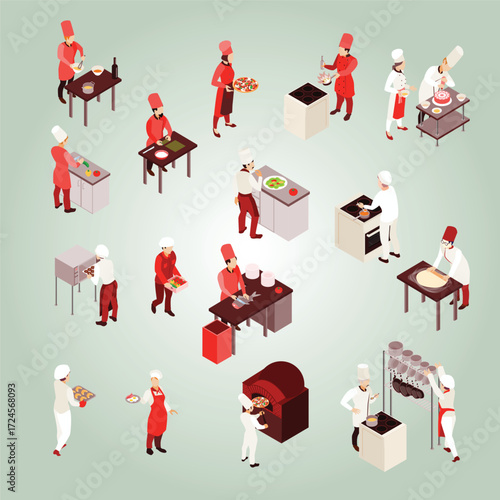 Isometric Professional Chef Character Cooking Workplace Scene with Restaurant Equipment
