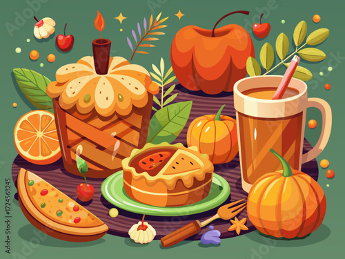 Autumn food set featuring apple pie pumpkin treats warm drink delicious seasonal harvest illustration