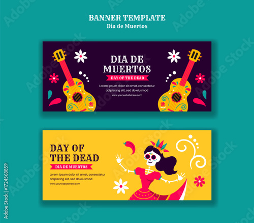 Flat Cartoon Hand Drawn Horizontal Banner for Day of the Dead Template Background