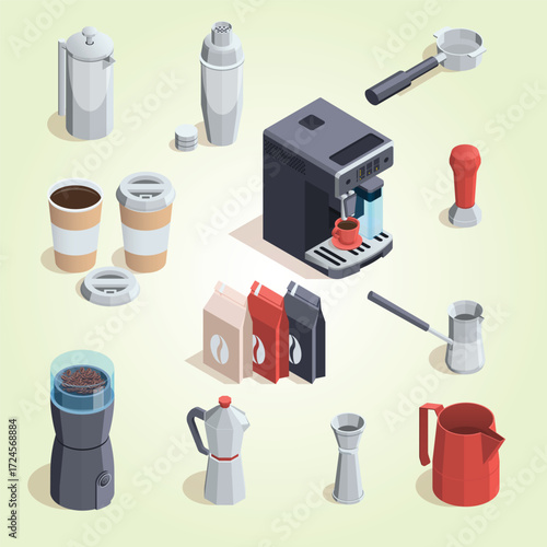 Isometric Detailed Coffee Brewing Equipment Set and Accessories Illustration