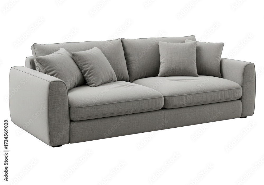 Fototapeta premium A comfortable and modern grey fabric sofa with plush cushions, perfect for any living room setting, isolated on transparent background