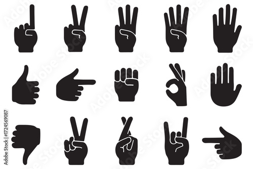 Hand gesture icons set counting from one to five. Black silhouette collection of finger signs.. Collection of hand gestures, icons, symbols, and signs in various minimalist graphic styles. eps 10