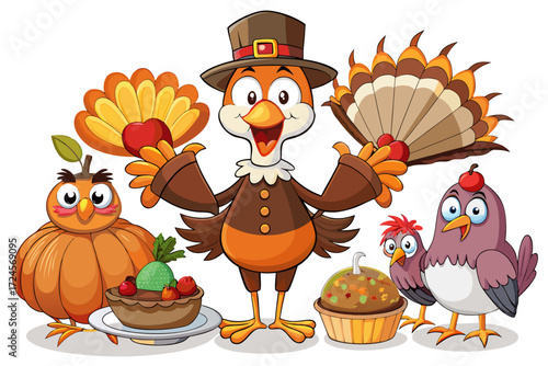 Cute thanksgiving cartoon vector illustration set featuring turkeys chickens pumpkins and desserts scalable for design