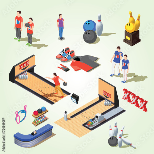 Isometric Detailed Bowling Alley with Player and Equipment Illustration