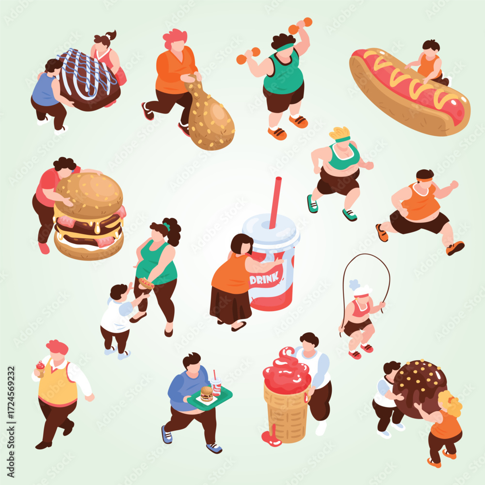 Fototapeta premium Isometric Overweight People Lifestyle With Food and Activity Illustration Design