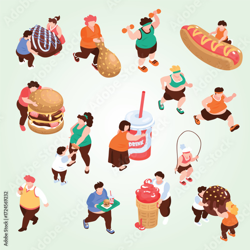 Isometric Overweight People Lifestyle With Food and Activity Illustration Design
