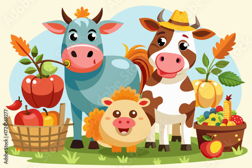 Adorable cartoon farm animals illustration vector set happy cows sheep with autumn harvest apples and pumpkins