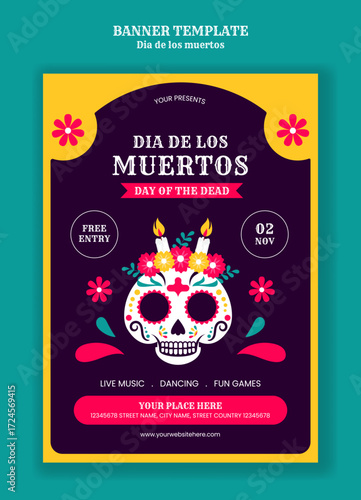 Day of the Dead Flyer Flat Cartoon Hand Drawn Template Background Illustration