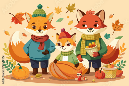 Adorable autumn fox family illustration with scarves and pumpkins vector graphic