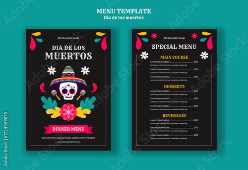 Dia de los Muertos Menu Template Illustration with Flat Cartoon Hand Drawn Background