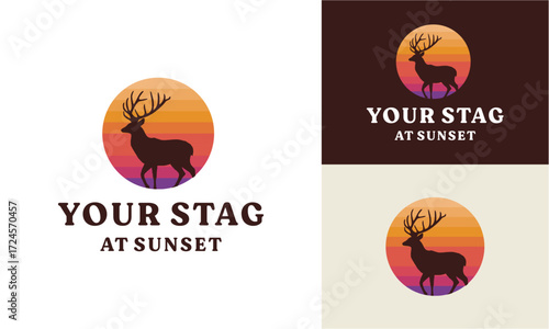 Wild animal silhouette logo vector design of deer standing with sunset background