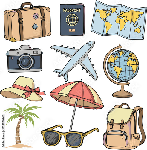 Travel Essentials A Colorful Illustration of Vacation and Adventure Elements