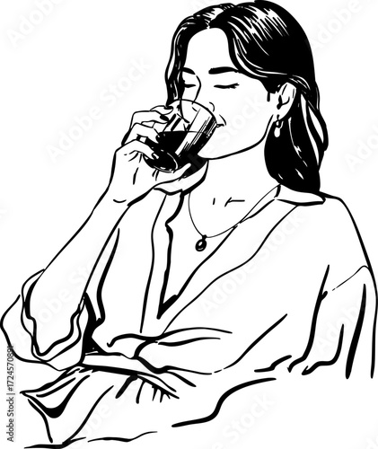 Black and white sketch of woman drinking from glass