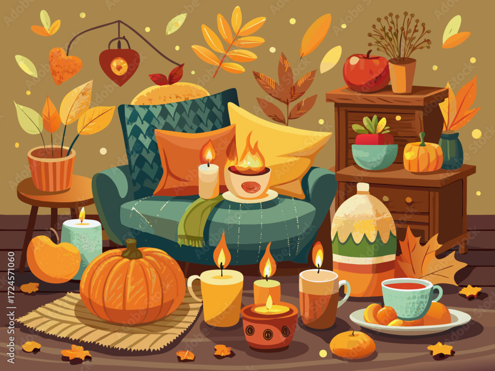 Obraz premium Cozy autumn indoor decor vector illustration featuring pumpkins candles and warm furniture for seasonal graphics