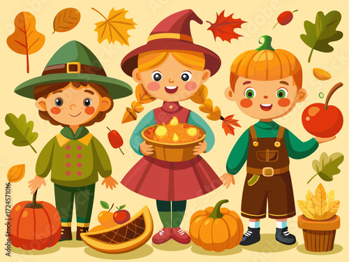 Autumn set vector illustration of three adorable cartoon children celebrating fall harvest season with pumpkins and leaves
