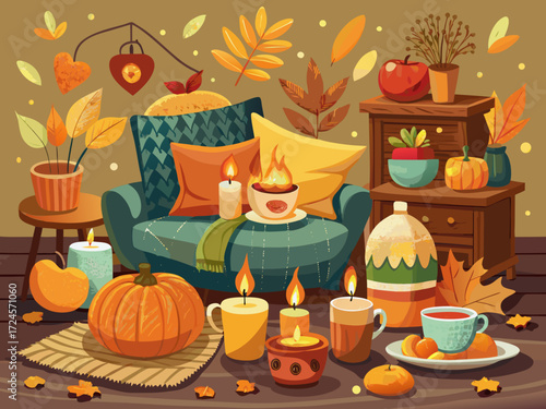 Cozy autumn indoor decor vector illustration featuring pumpkins candles and warm furniture for seasonal graphics