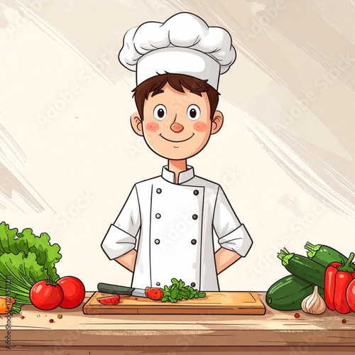 chef standing near a table with vegetables and cutting board, cartoon style