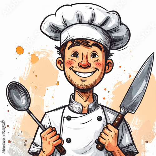 chef with big hat smiling, holding a knife and spoon, with cartoon style