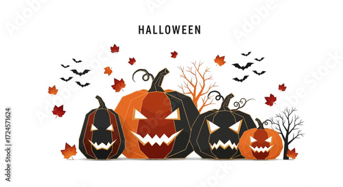 Spooky Halloween pumpkins with bats and autumn leaves creating a festive, scary scene perfect for party invitations and spooky season promotions
