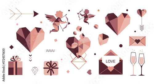 Celebrate love with this modern Valentine's Day design featuring hearts, cupids, gifts, and champagne for a romantic and sweet holiday celebration