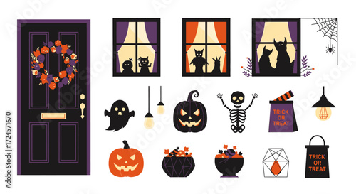 Spooky Halloween decorations create a fun, festive atmosphere with pumpkins, ghosts, and trick or treat bags for a memorable holiday celebration