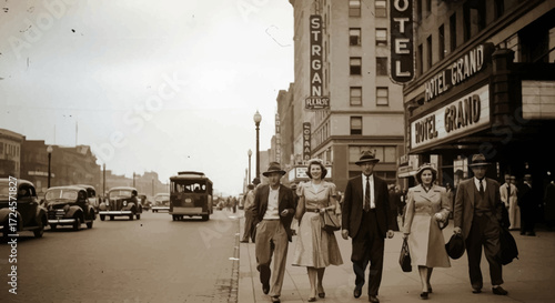 Vintage charm in a bustling downtown street scene, showcasing classic cars, a streetcar, and stylishly dressed pedestrians outside the iconic Hotel Grand