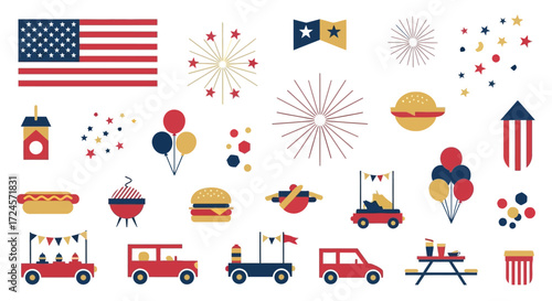 Celebrate 4th of July with festive American party elements - perfect for summer picnics, fireworks, and patriotic celebrations with friends and family