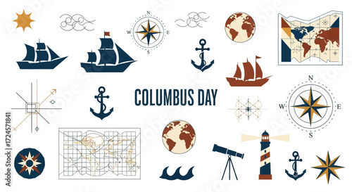 Celebrate Columbus Day with nautical icons and vintage maps, ideal for travel themes, historical projects, or educational designs, capturing the spirit of exploration