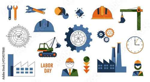 Celebrating Labor Day with industrial icons, construction tools, and factory symbols, a vibrant tribute to hard work and American industry