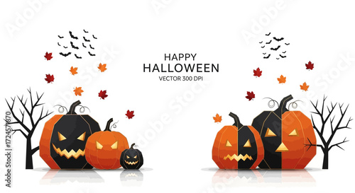 Spooky Halloween scene with grinning pumpkins, bare trees and falling leaves for a festive autumn celebration that evokes a feeling of playful fright