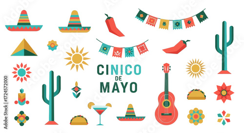 Celebrate Cinco de Mayo with vibrant Mexican fiesta elements like sombreros, guitars, tacos, and festive decorations for a fun and colorful celebration