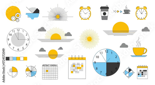 Modern business schedule and planning elements for a dynamic workflow, including clocks, calendars, and coffee breaks for increased productivity