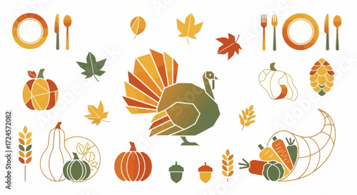 Celebrate Thanksgiving with a festive fall harvest design featuring geometric turkey, pumpkins, cornucopia, and autumnal leaves for creative projects