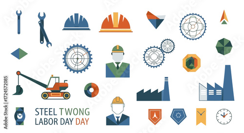 Celebrating Labor Day with construction tools, factory icons, and hardworking spirit, ideal for banners, posters, and social media campaigns that honor workers