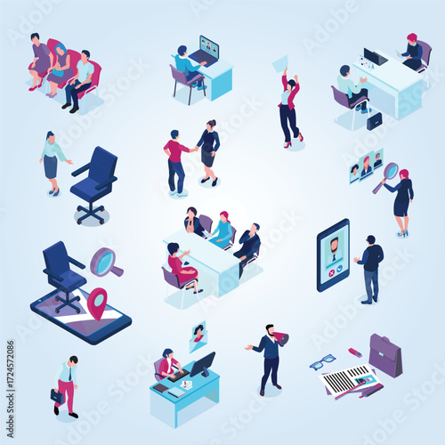 Isometric Staffing Recruitment Agency Company Illustration Man Woman People Office Setting