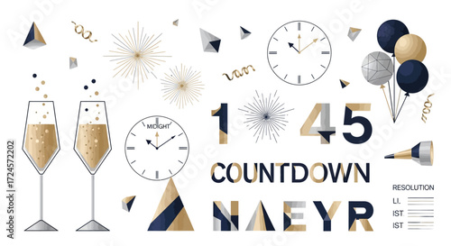 Elegant gold and navy New Year's Eve countdown with champagne, balloons, and noisemaker elements creating a festive and stylish celebration design