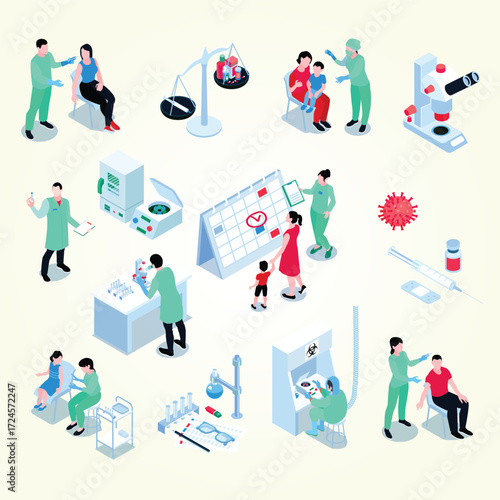 Isometric Clinical and Scientific Research Illustration Featuring Healthcare Professionals and Patients
