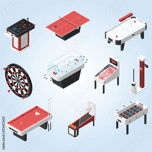 Isometric Detailed Game Room Arcade Entertainment Element Illustration Set
