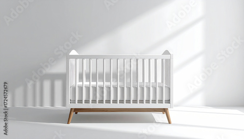 Wallpaper Mural Empty white baby crib in a minimalist nursery bathed in sunlight, symbolizing new beginnings and the quiet anticipation of parenthood Torontodigital.ca