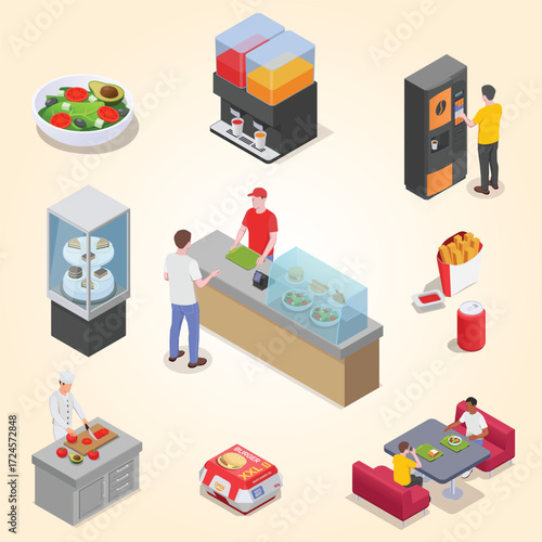 Isometric Detailed Fast Food Restaurant Interior Illustration with Customers