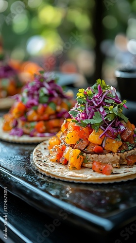 Close up of two tacos with diced orange vegetables and purple cabbage on a black surface outdoors