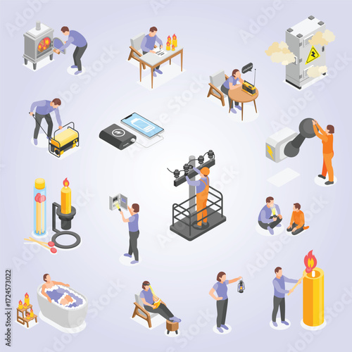 Isometric Handdrawn Power Outage Activities and Backup Systems Icon Illustration