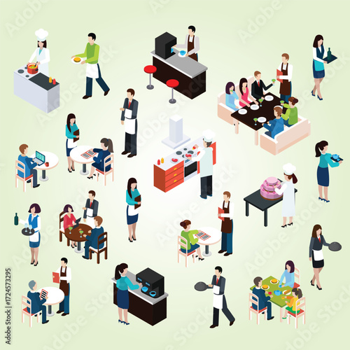 Isometric Detailed Restaurant Scene with Chef, Waiter, and Customers Illustration