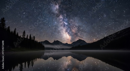 Astounding milky way mirroring in glacial alpine lake at nightscape
