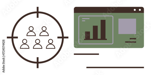 Group of people in a focus target and analytics dashboard with charts. Ideal for audience segmentation, data analytics, marketing, business goals, decision-making, strategy development, simple flat