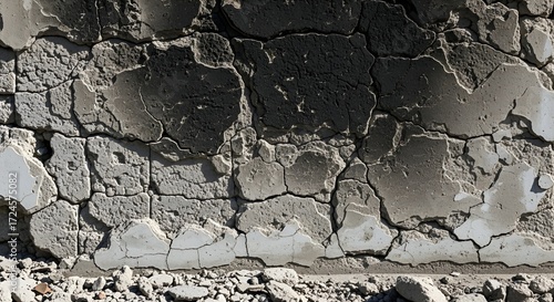 Blackened wall after explosion with cracked concrete and burnt surface, symbol of building damage, destruction, war aftermath, emergency disaster and ruined architecture