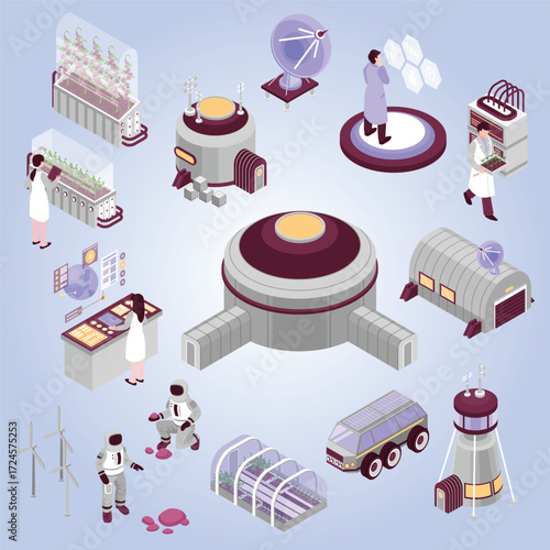 Isometric Style Detailed Lunar Colonization Base with Research and Living Modules