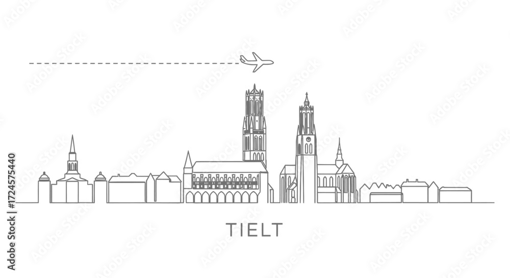 Naklejka premium Tielt with Belgium Skyline, Line Art, and Airplane.