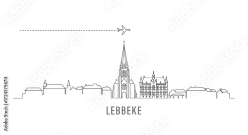 Lebbeke Belgium Skyline Vector with Airplane Travel.